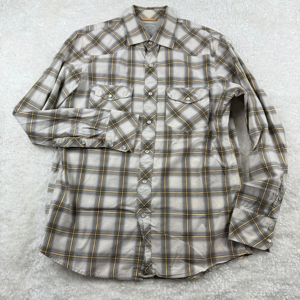 Banana Republic Mens Slim Fit Western Plaid Shirt Pearl Snap Grey‎ Yellow Size M